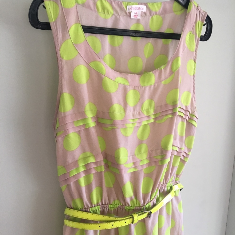 Beige and neon green polka dot dress with belt